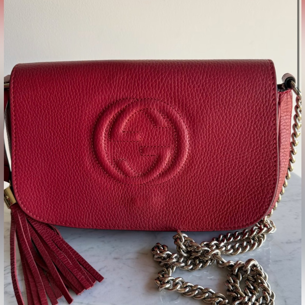 Gucci Red Leather Crossbody with Gold Chain and Tassel